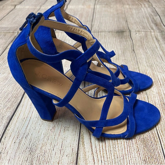 J Crew Geometric Strappy High Heel Sandals Blue Suede Made in Italy Sz 6 - Picture 5 of 11